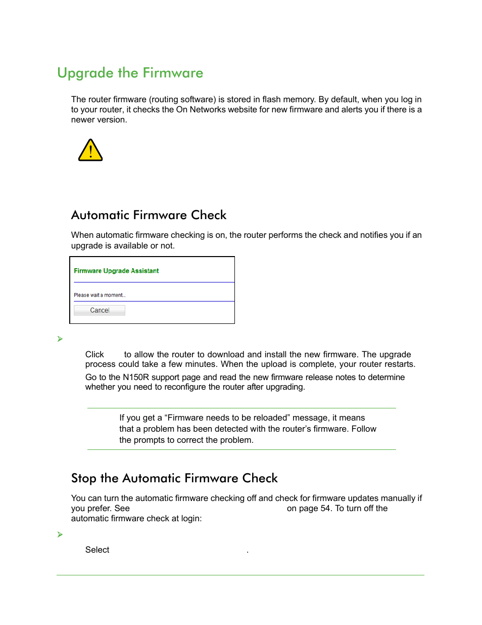 Automatic firmware check, Stop the automatic firmware check, Upgrade the firmware | On Networks N150R User Manual User Manual | Page 53 / 92