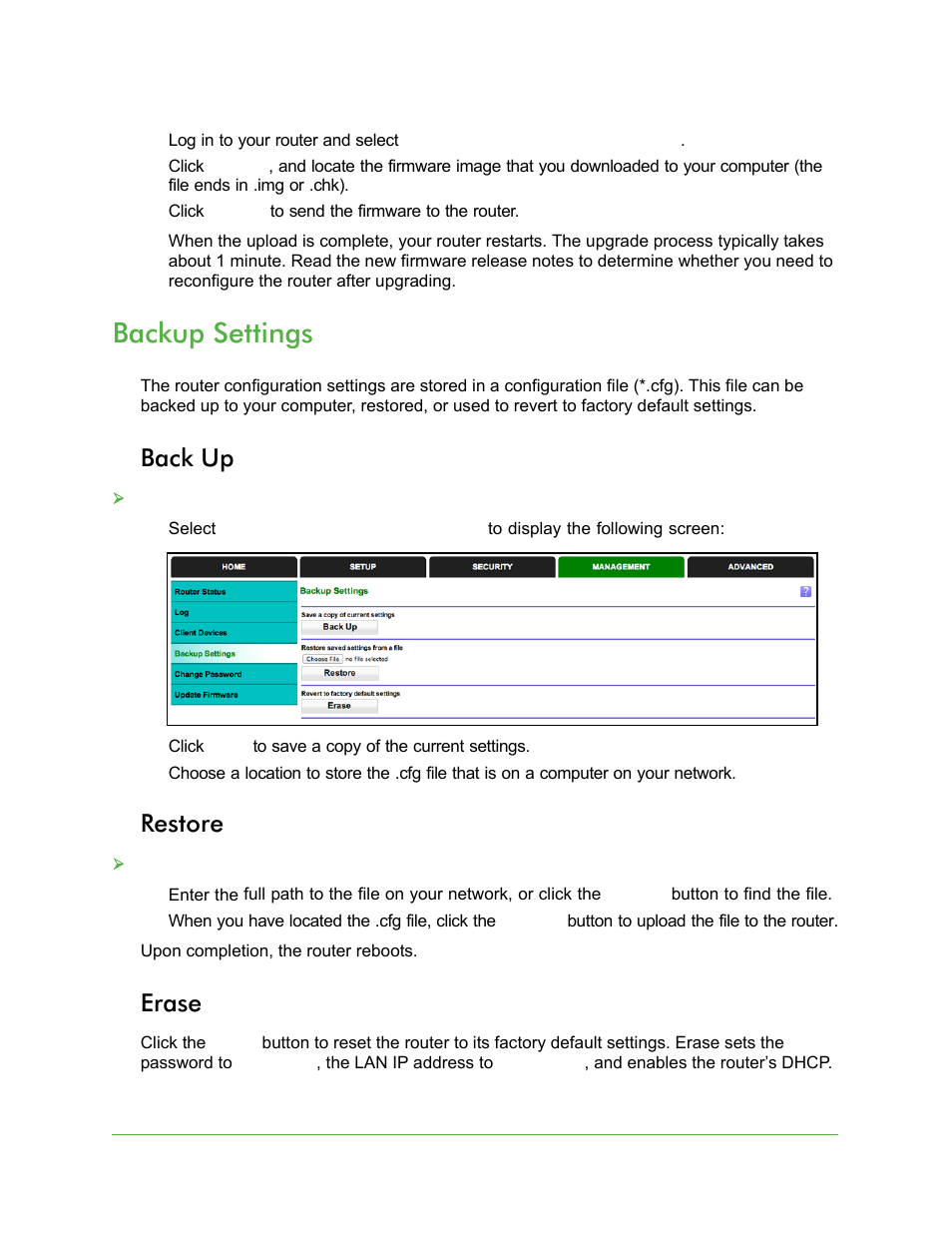 Backup settings, Back up, Restore | Erase, Back up restore erase | On Networks N150R User Manual User Manual | Page 55 / 92