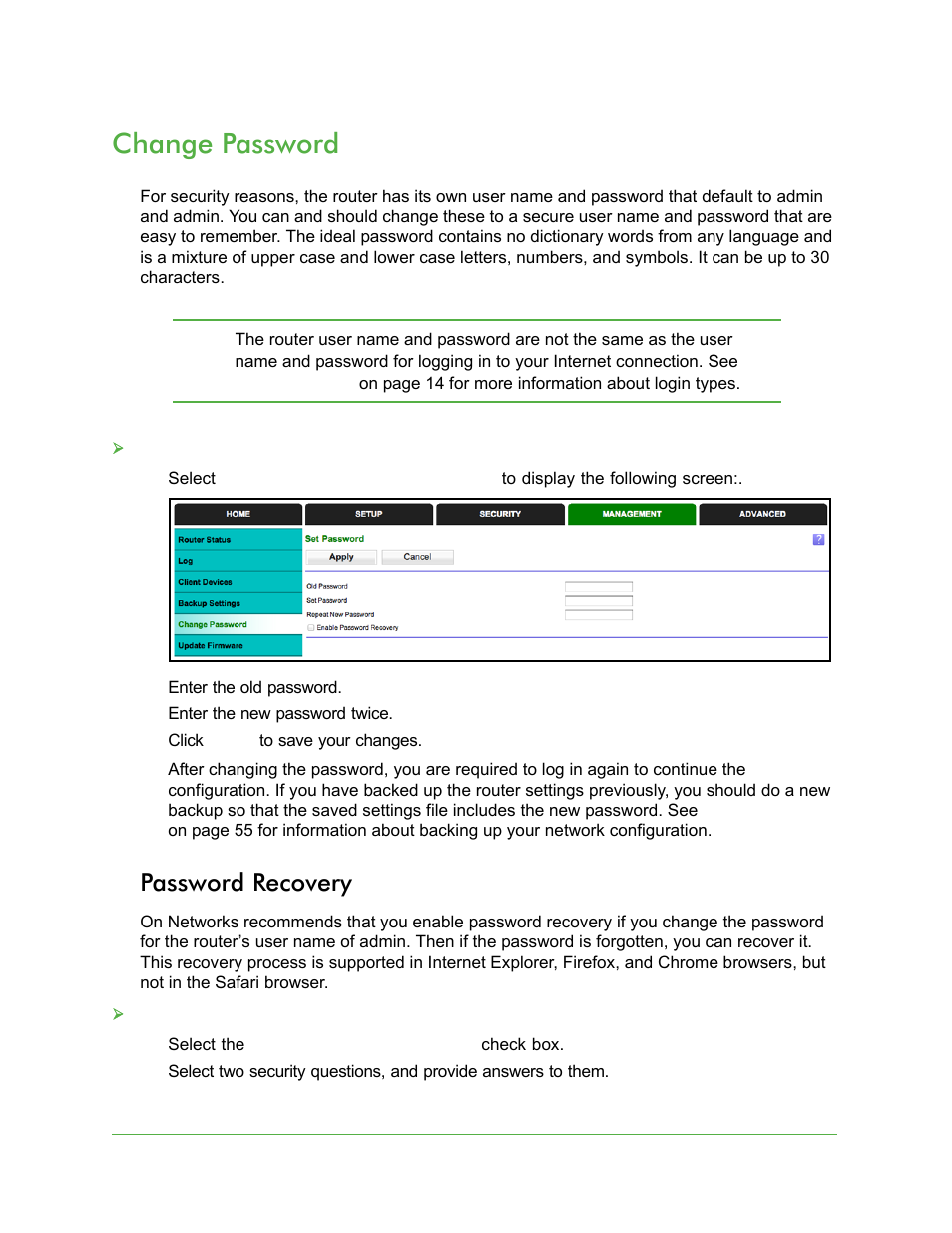 Change password, Password recovery | On Networks N150R User Manual User Manual | Page 56 / 92
