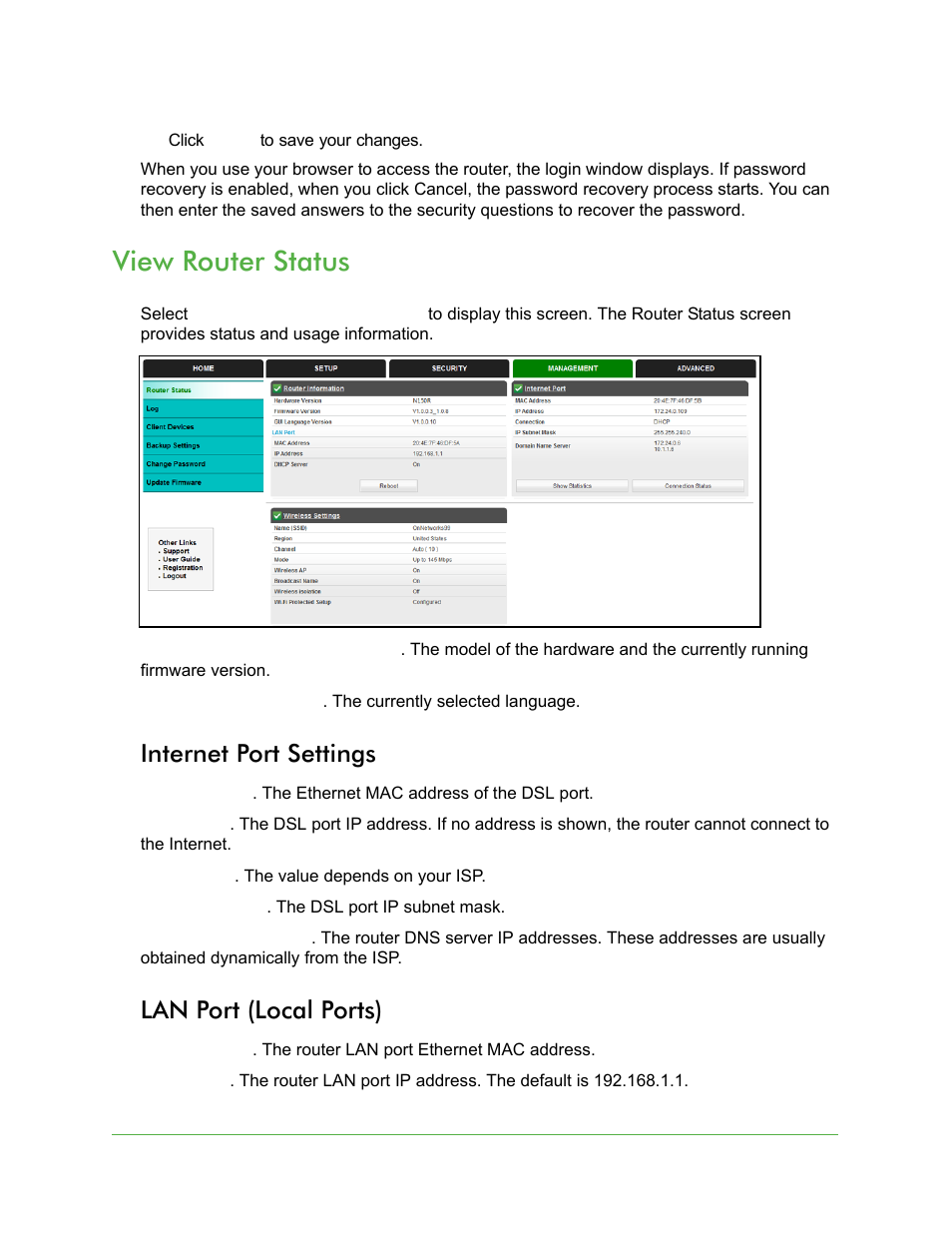 View router status, Internet port settings, Lan port (local ports) | Internet port settings lan port (local ports) | On Networks N150R User Manual User Manual | Page 57 / 92