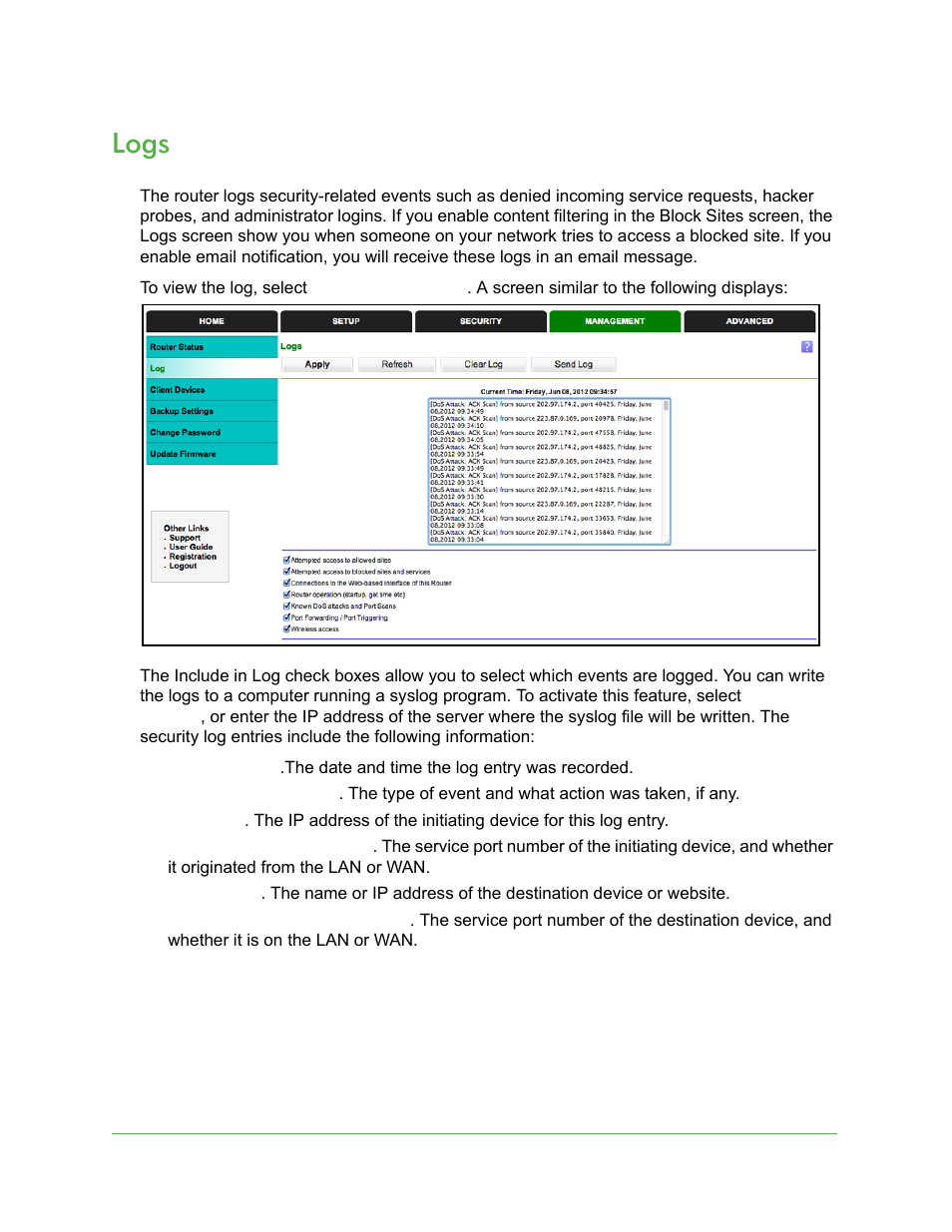 Logs | On Networks N150R User Manual User Manual | Page 60 / 92