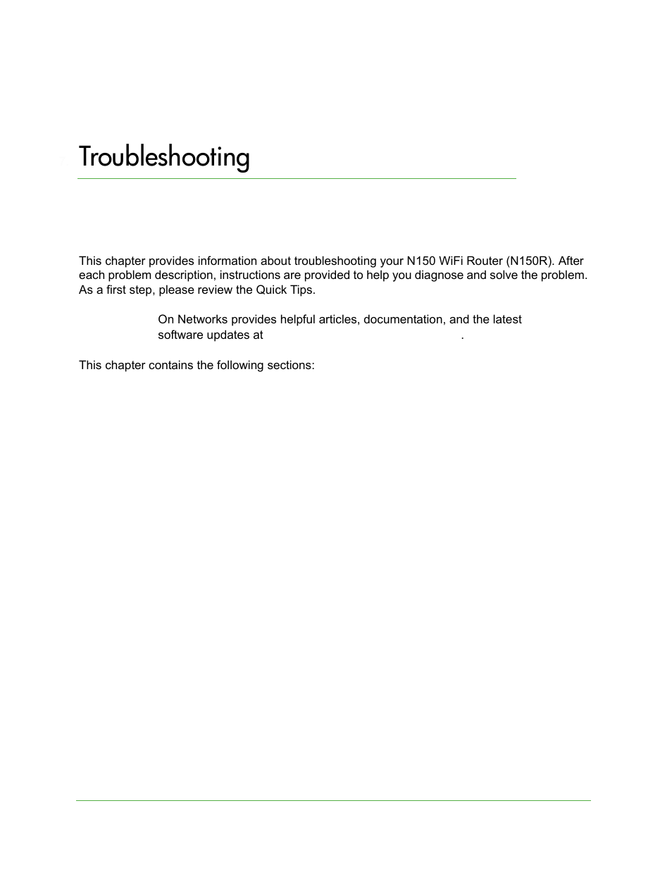 Troubleshooting, Chapter 7 troubleshooting, Chapter 7, troubleshooting | On Networks N150R User Manual User Manual | Page 73 / 92