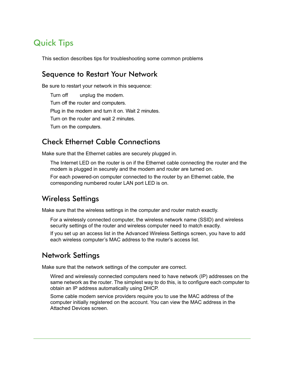 Sequence to restart your network, Check ethernet cable connections, Wireless settings | Network settings, Quick tips | On Networks N150R User Manual User Manual | Page 74 / 92