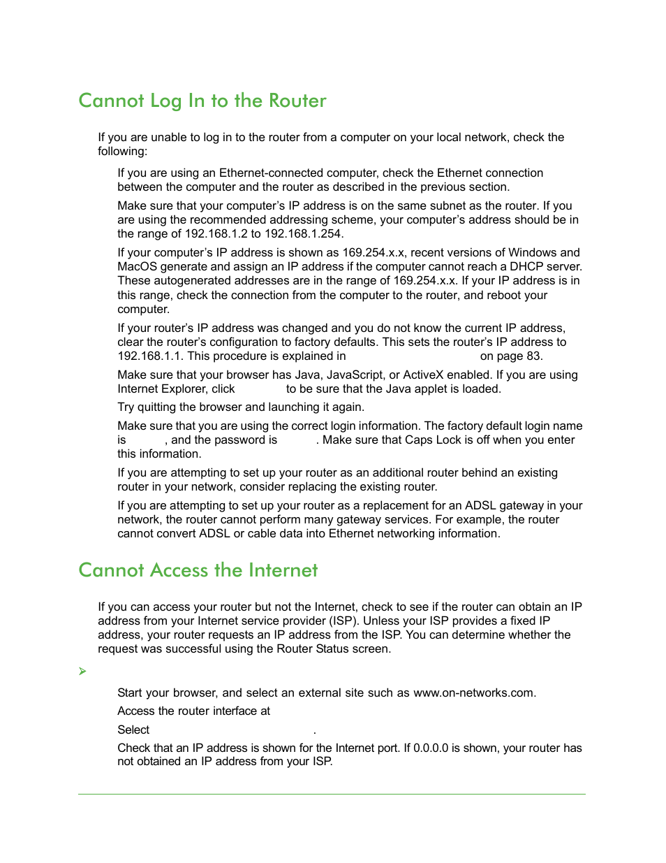 Cannot access the internet, Cannot log in to the router | On Networks N150R User Manual User Manual | Page 76 / 92