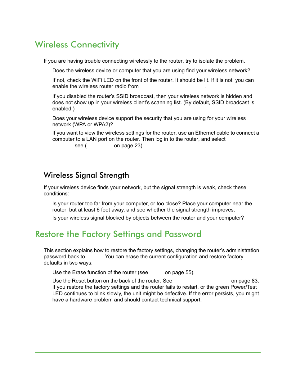 Wireless connectivity, Wireless signal strength, Restore the factory settings and password | On Networks N150R User Manual User Manual | Page 79 / 92