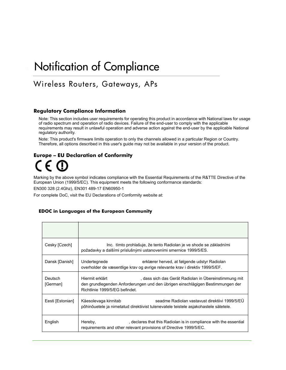 B. notification of compliance, Appendix b notification of compliance, Notification of compliance | Wireless routers, gateways, aps | On Networks N150R User Manual User Manual | Page 85 / 92