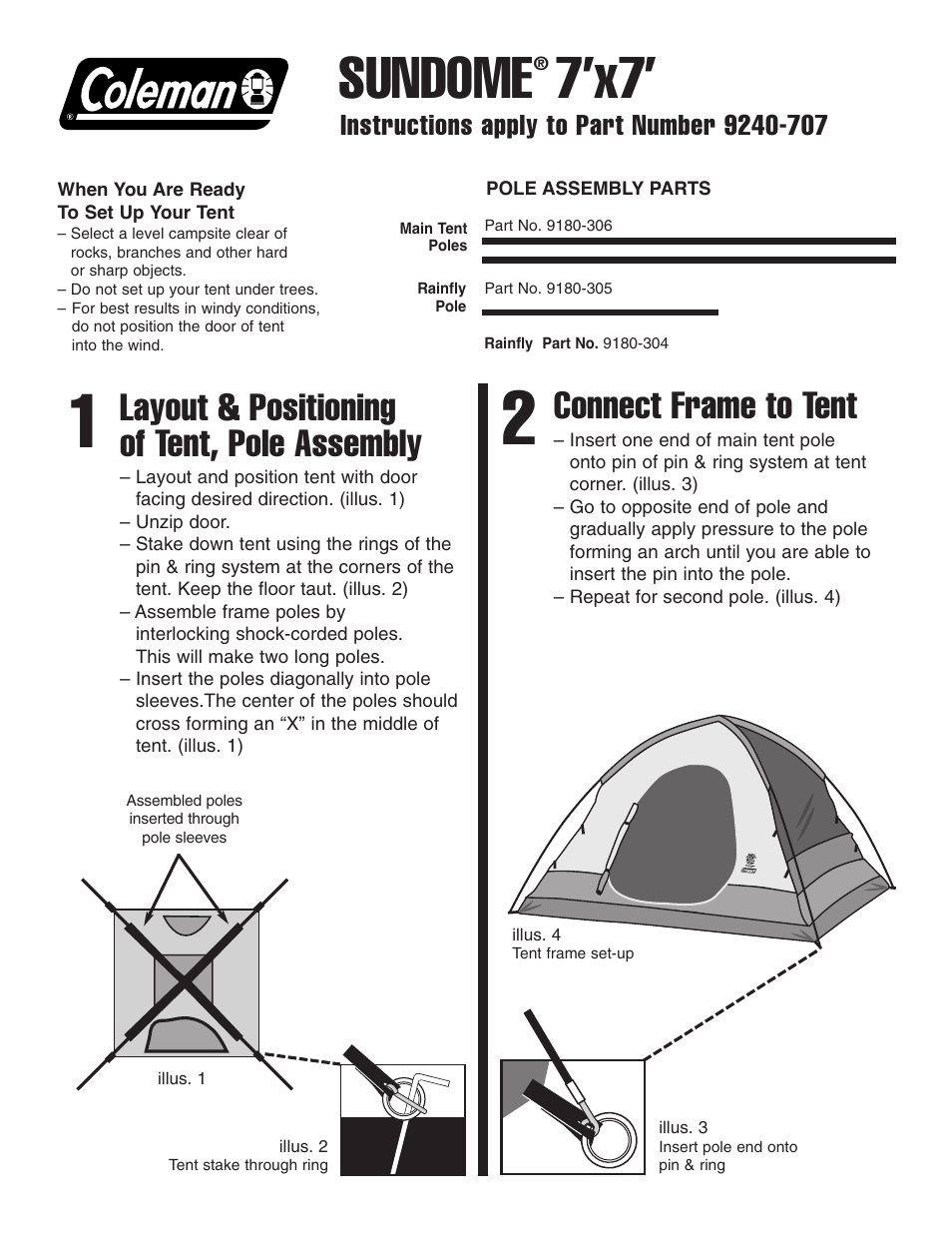 Coleman SUNDOME 9180-305 User Manual | 2 pages