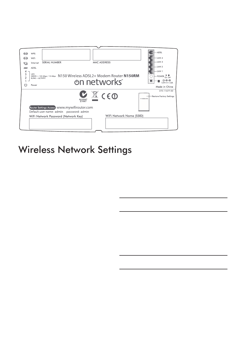 Wireless network settings | On Networks N150RM Installation Guide User Manual | Page 8 / 14