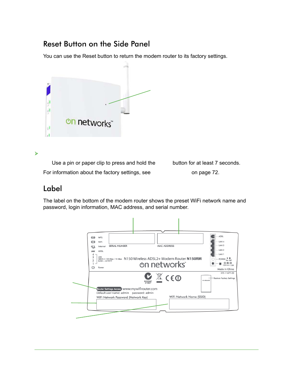 Reset button on the side panel, Label | On Networks N150RM User Manual User Manual | Page 10 / 78