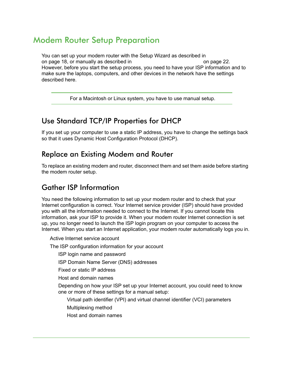 Use standard tcp/ip properties for dhcp, Replace an existing modem and router, Gather isp information | Modem router setup preparation | On Networks N150RM User Manual User Manual | Page 15 / 78