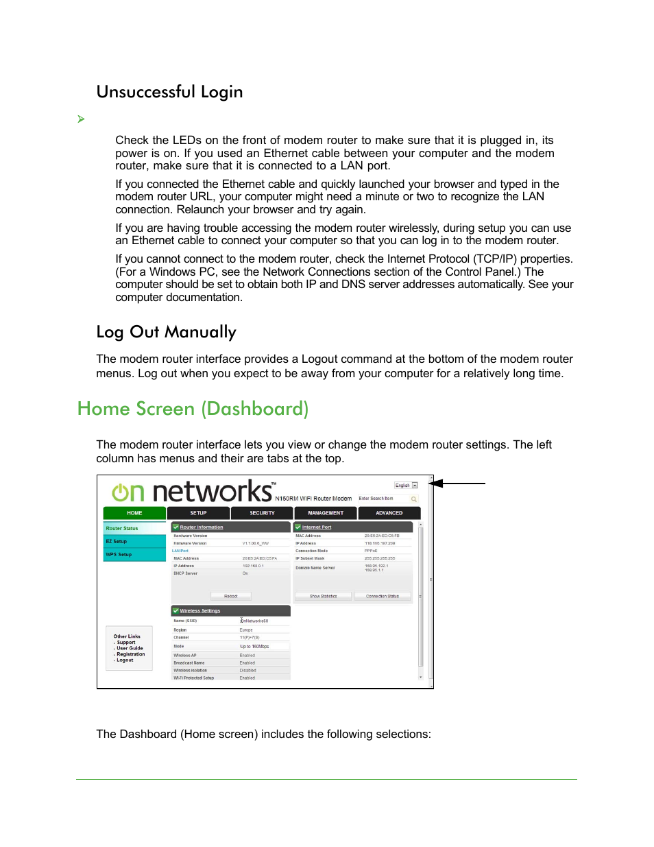 Unsuccessful login, Log out manually, Home screen (dashboard) | Unsuccessful login log out manually | On Networks N150RM User Manual User Manual | Page 17 / 78