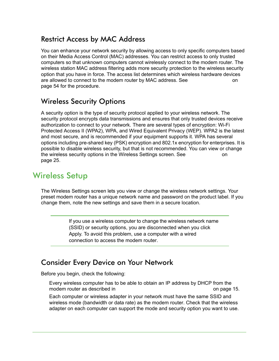 Restrict access by mac address, Wireless security options, Wireless setup | Consider every device on your network | On Networks N150RM User Manual User Manual | Page 25 / 78