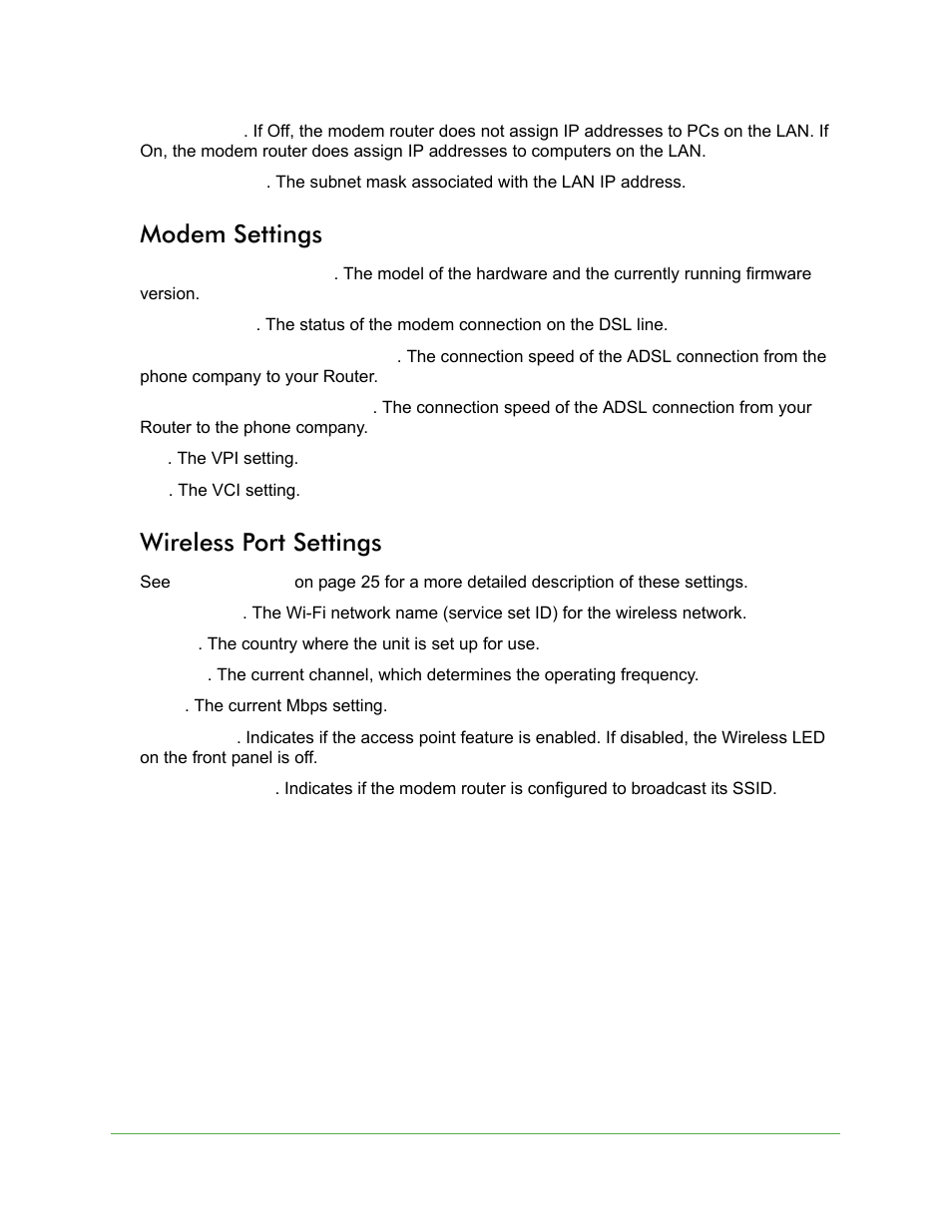 Modem settings, Wireless port settings, Modem settings wireless port settings | On Networks N150RM User Manual User Manual | Page 49 / 78