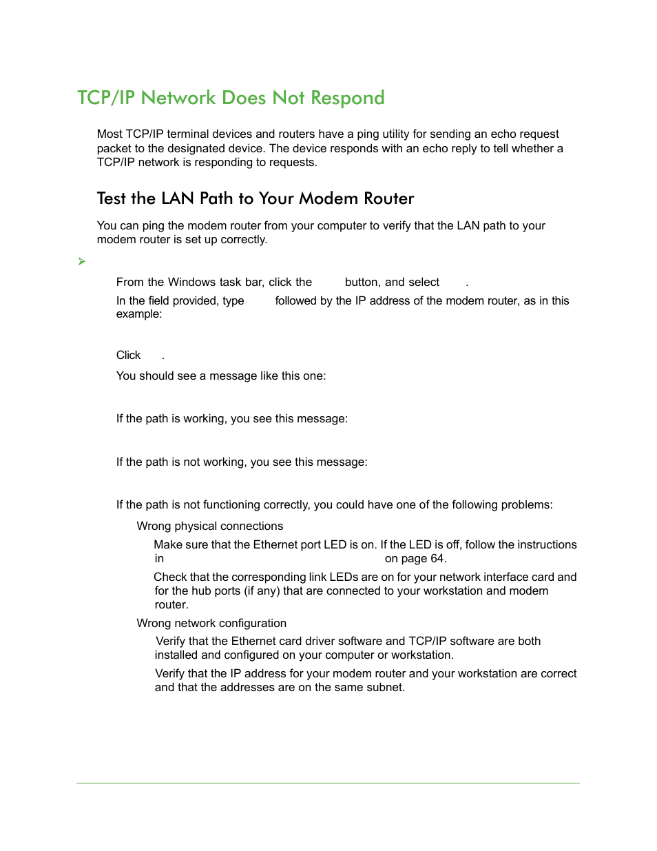 Test the lan path to your modem router, Tcp/ip network does not respond | On Networks N150RM User Manual User Manual | Page 68 / 78