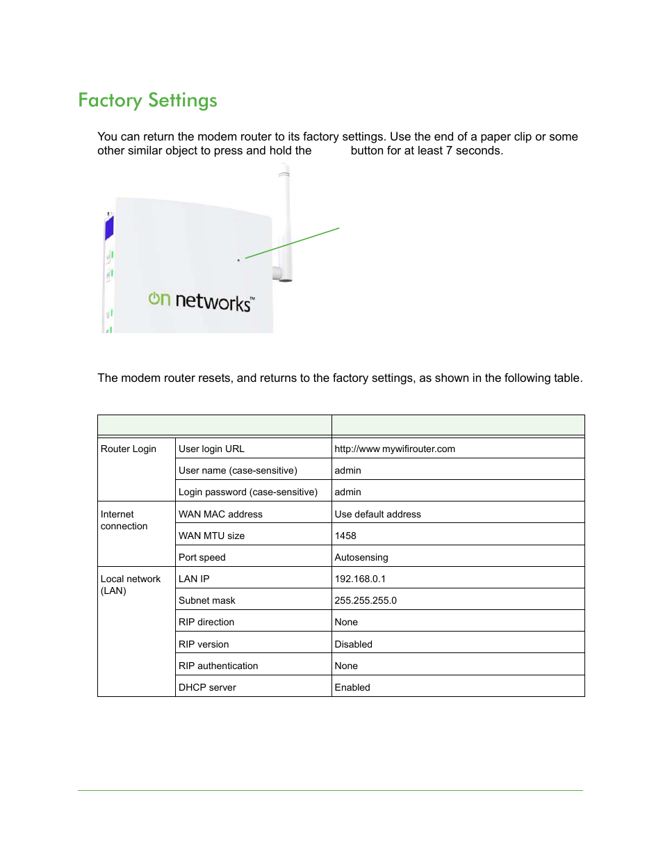 Factory settings, Factory, Settings | On Networks N150RM User Manual User Manual | Page 72 / 78