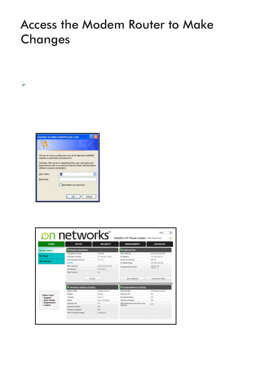 Access the modem router to make changes | On Networks N300RM Installation Guide User Manual | Page 10 / 14