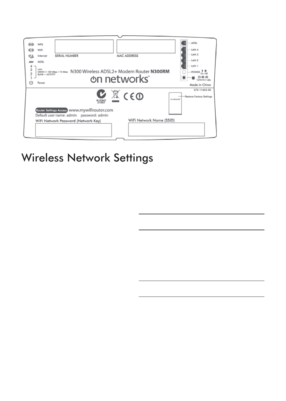 Wireless network settings | On Networks N300RM Installation Guide User Manual | Page 8 / 14