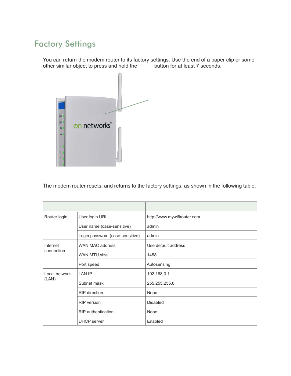 Factory settings, For information about the factory settings, see, Factory | Settings | On Networks N300RM User Manual User Manual | Page 103 / 109