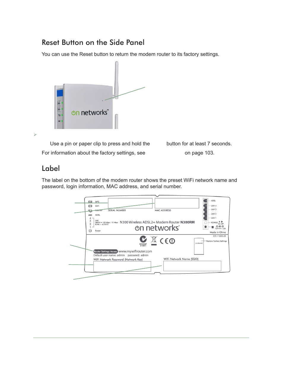 Reset button on the side panel, Label, Reset button on the side panel label | On Networks N300RM User Manual User Manual | Page 11 / 109