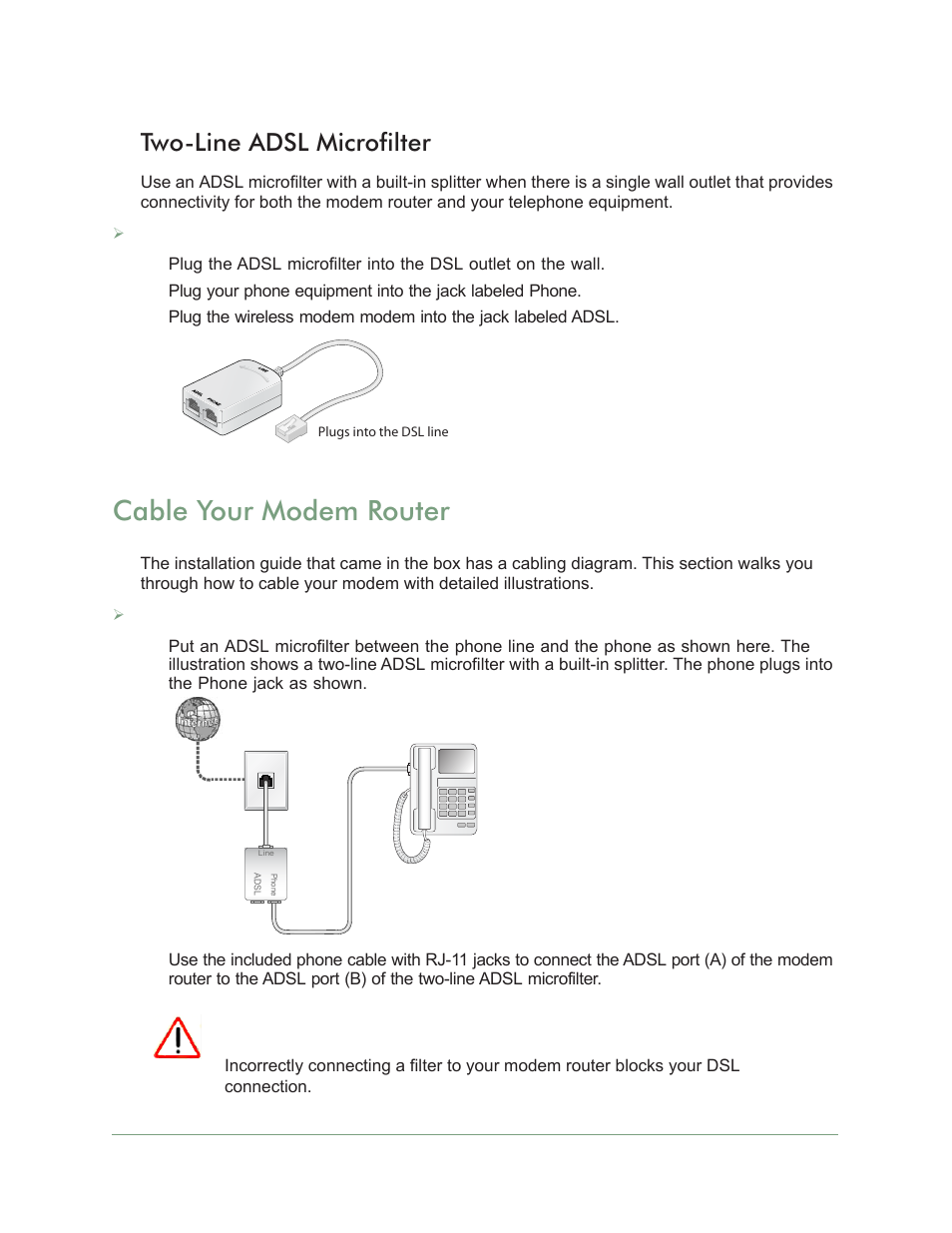 Two-line adsl microfilter, Cable your modem router, And proceed to | On Networks N300RM User Manual User Manual | Page 13 / 109