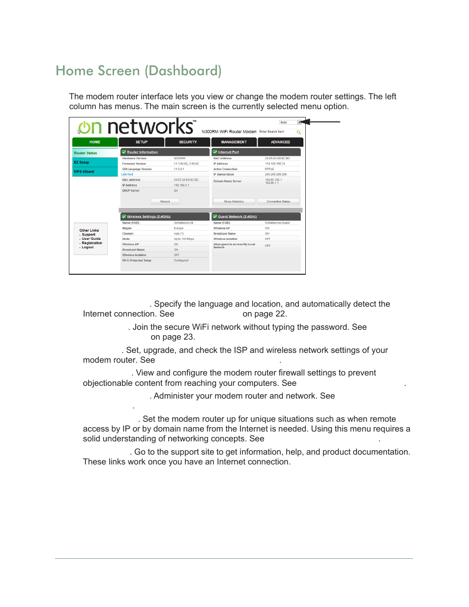 Home screen (dashboard) | On Networks N300RM User Manual User Manual | Page 21 / 109