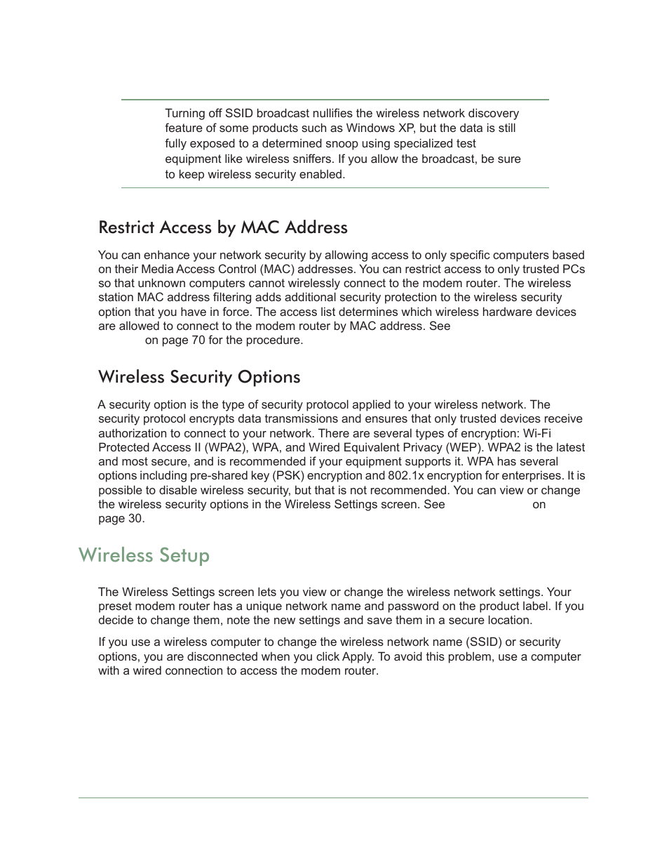 Restrict access by mac address, Wireless security options, Wireless setup | On Networks N300RM User Manual User Manual | Page 30 / 109