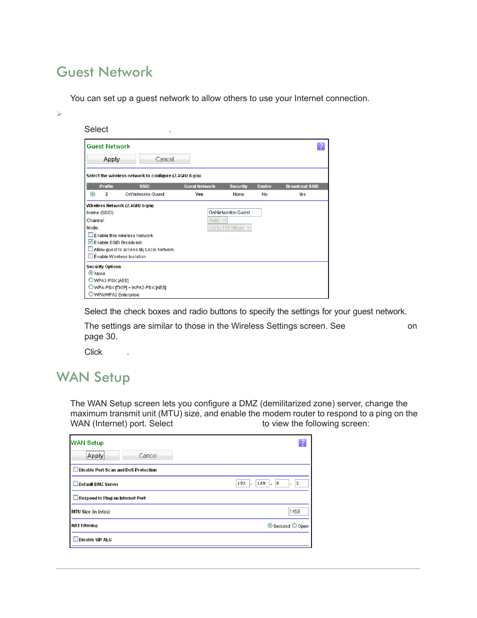 Wan setup, Guest network wan setup, Guest network | On Networks N300RM User Manual User Manual | Page 33 / 109