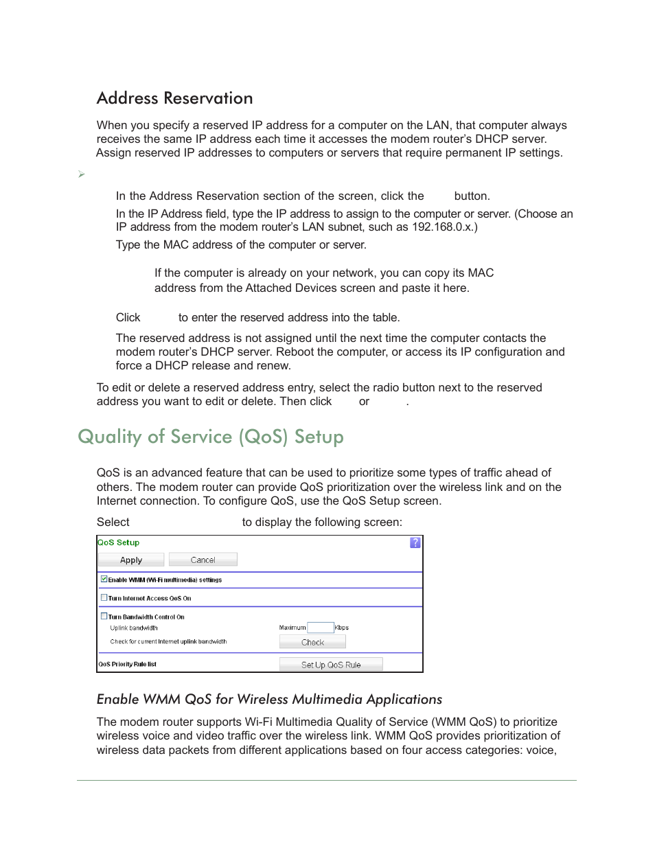 Address reservation, Quality of service (qos) setup | On Networks N300RM User Manual User Manual | Page 39 / 109