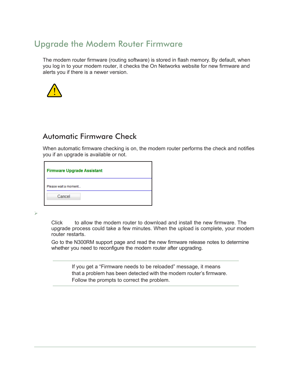 Automatic firmware check, Upgrade the modem router firmware | On Networks N300RM User Manual User Manual | Page 60 / 109