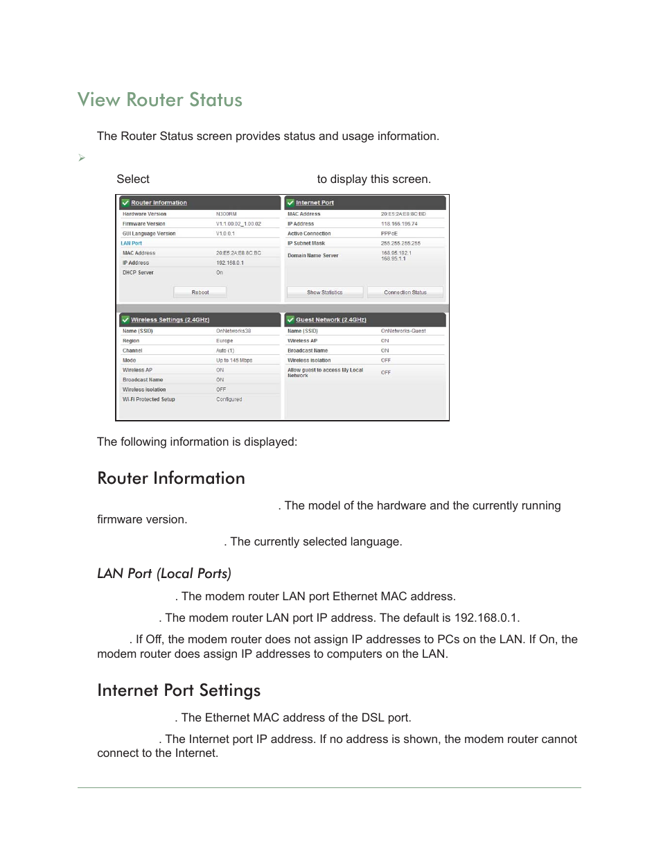 Router information, Internet port settings, View router status | Router information internet port settings | On Networks N300RM User Manual User Manual | Page 64 / 109