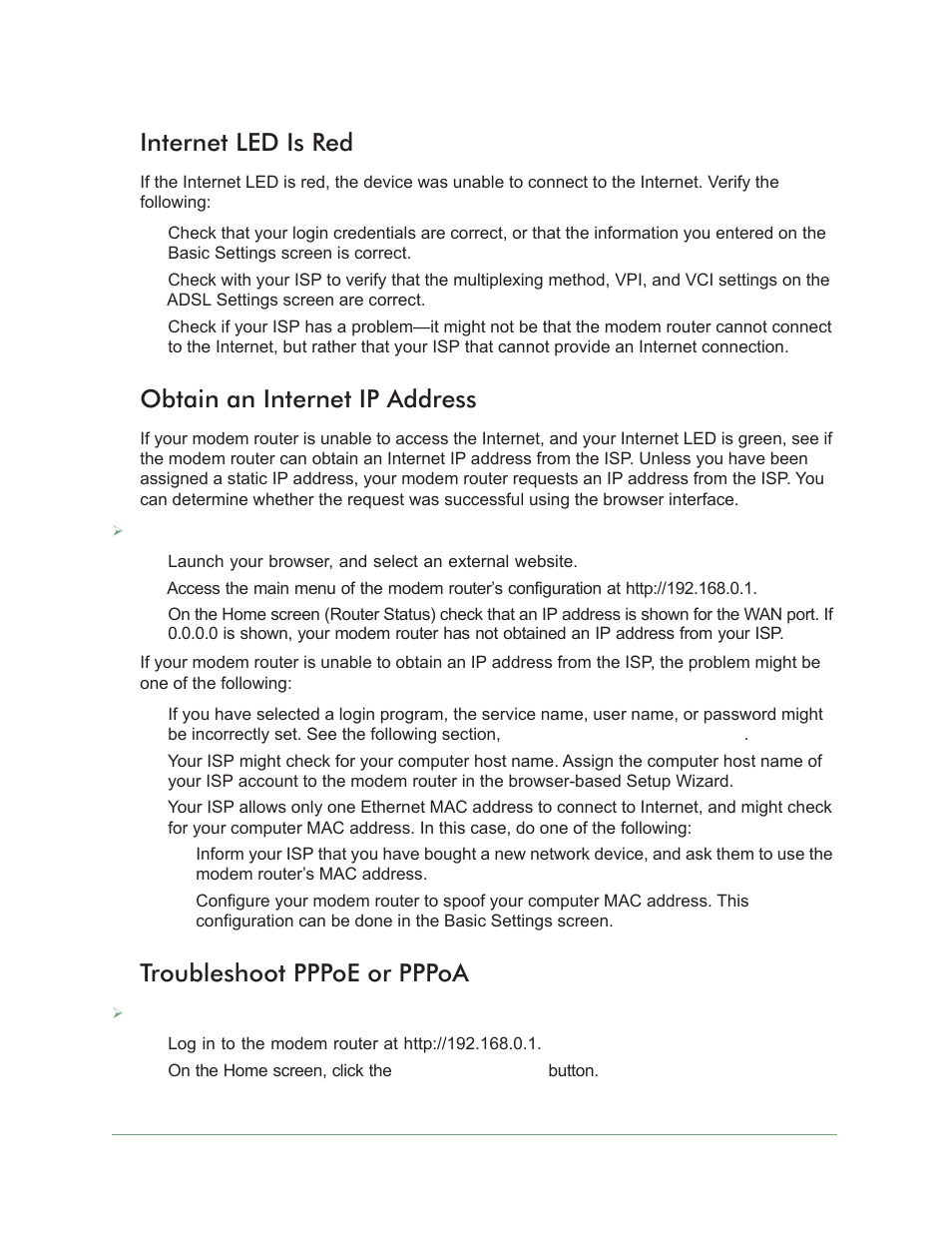 Internet led is red, Obtain an internet ip address, Troubleshoot pppoe or pppoa | On Networks N300RM User Manual User Manual | Page 98 / 109