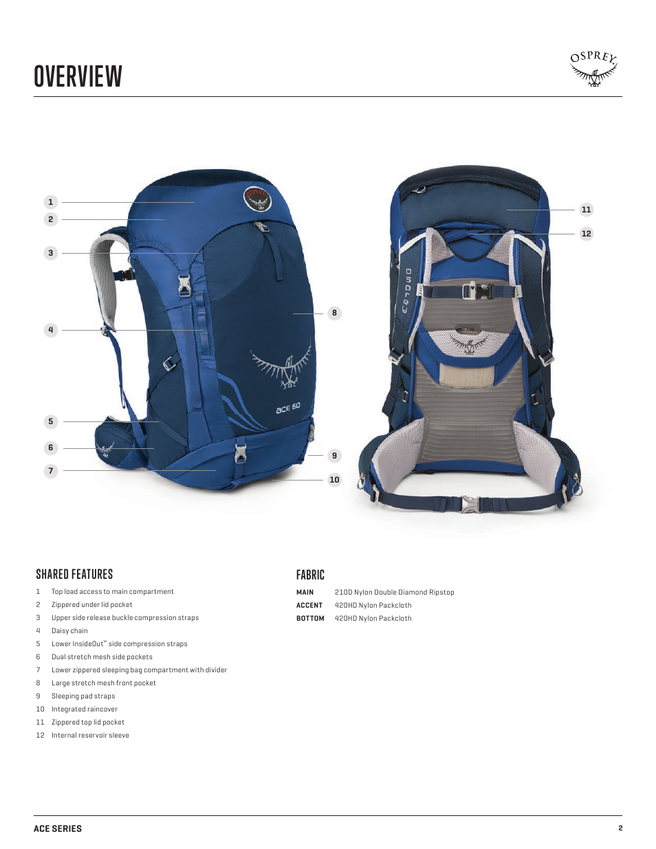 Overview, Shared features, Fabric | Osprey ACE 38 User Manual | Page 2 / 9
