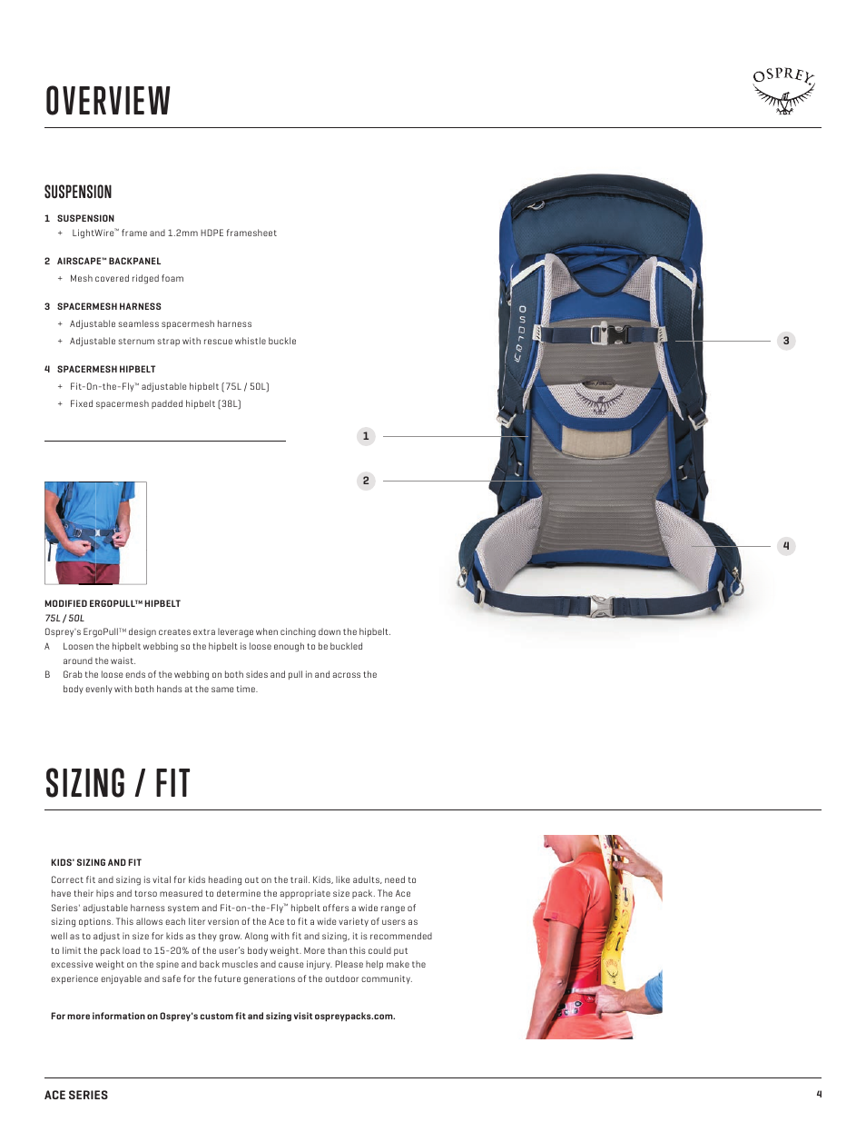 Overview sizing / fit, Suspension | Osprey ACE 38 User Manual | Page 4 / 9