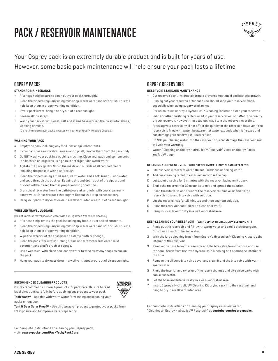 Pack / reservoir maintenance, Osprey packs, Osprey reservoirs | Osprey ACE 38 User Manual | Page 8 / 9