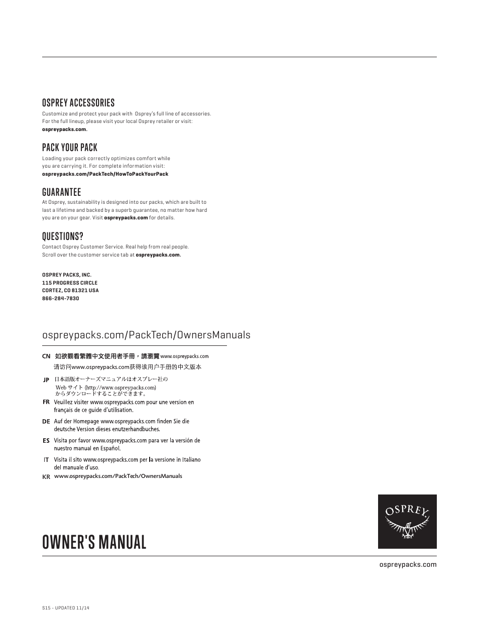 Owner's manual, Osprey accessories, Pack your pack | Guarantee, Questions | Osprey ACE 38 User Manual | Page 9 / 9