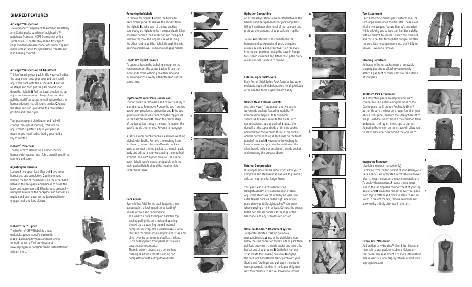 Shared features | Osprey ARIEL 55 User Manual | Page 2 / 2