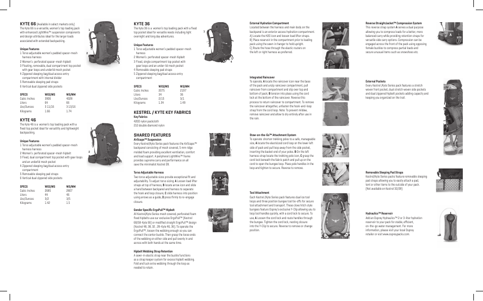 Kyte 66, Kyte 46, Kyte 36 | Kestrel / kyte key fabrics, Shared features | Osprey KYTE 36 User Manual | Page 2 / 2