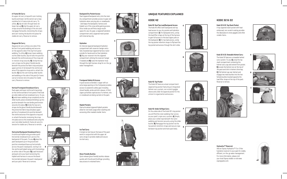Kode 42, Kode 32 & 22, Unique features explained | Osprey Kode 22 User Manual | Page 2 / 2