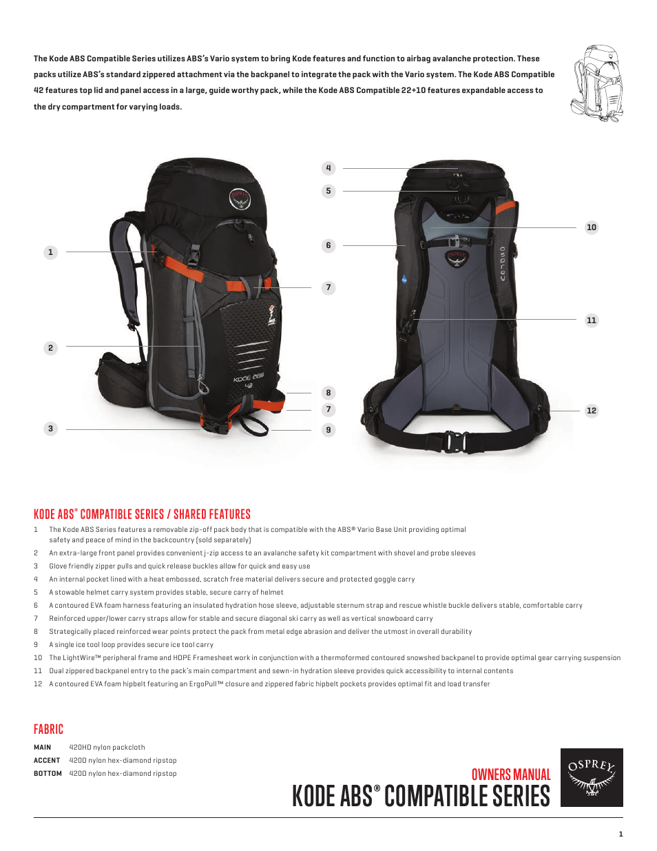 Kode abs, Compatible series, Owners manual | Compatible series / shared features, Fabric | Osprey KODE ABS COMPATIBLE 22+10 User Manual | Page 2 / 8