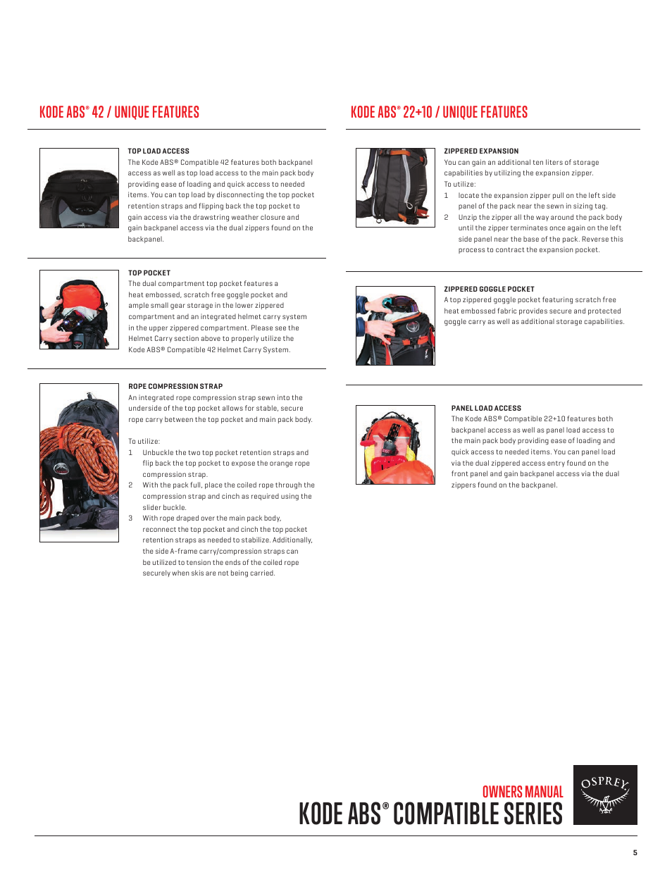 Kode abs, Compatible series, Owners manual | 42 / unique features kode abs, 22+10 / unique features | Osprey KODE ABS COMPATIBLE 22+10 User Manual | Page 6 / 8