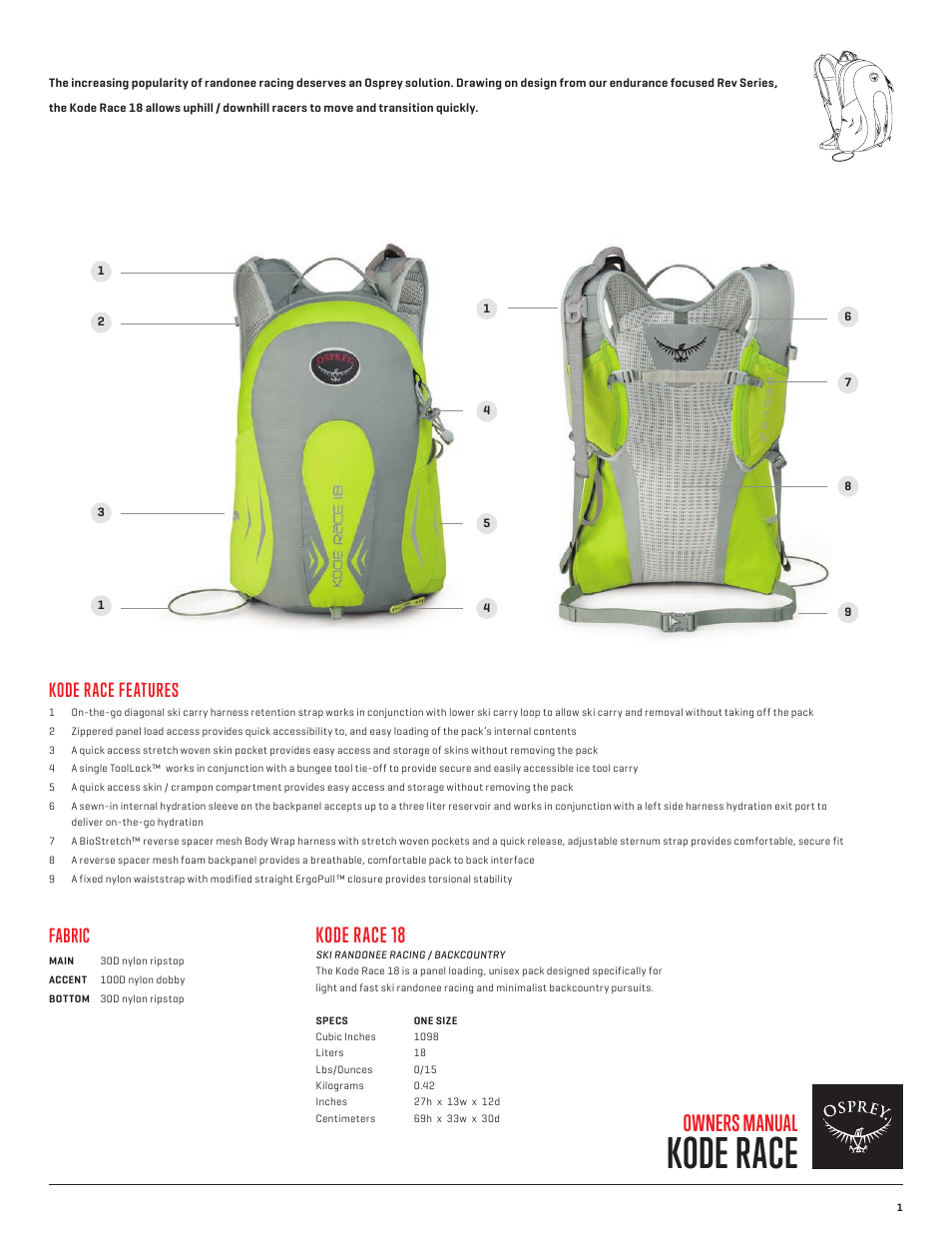 Kode race, Owners manual, Kode race 18 | Kode race features, Fabric | Osprey KODE RACE 18 User Manual | Page 2 / 4