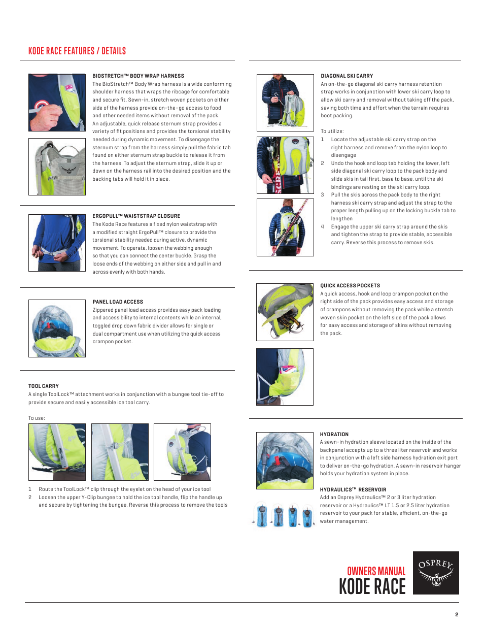 Kode race, Owners manual, Kode race features / details | Osprey KODE RACE 18 User Manual | Page 3 / 4