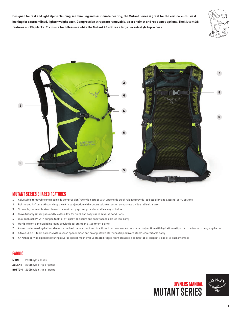 Mutant series, Owners manual, Mutant series shared features | Fabric | Osprey MUTANT 28 User Manual | Page 2 / 7