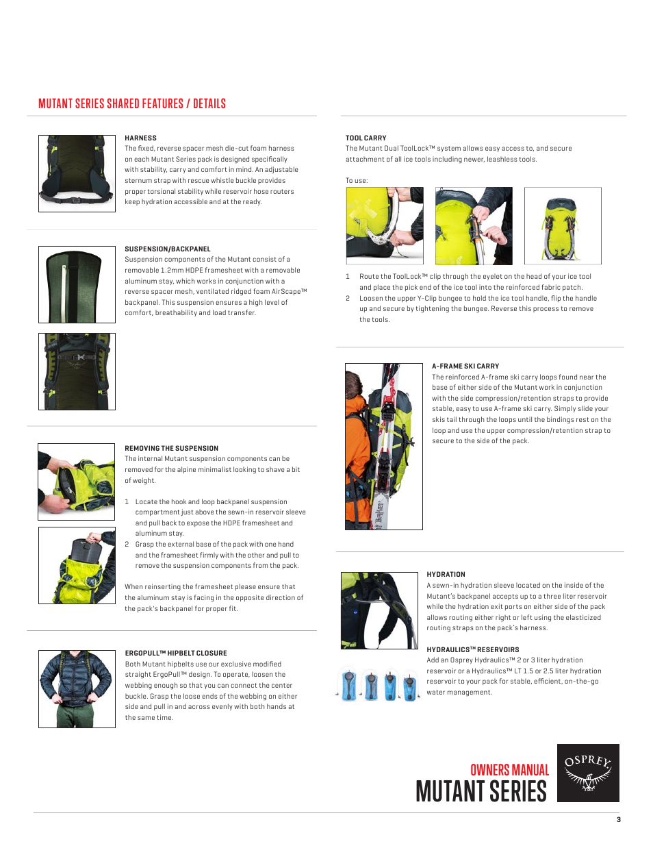 Mutant series, Owners manual, Mutant series shared features / details | Osprey MUTANT 28 User Manual | Page 4 / 7