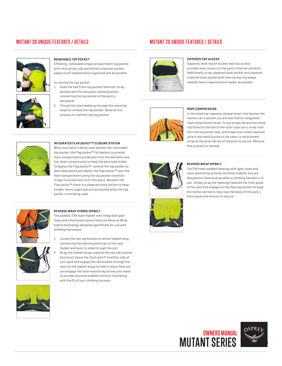 Mutant series, Owners manual, Mutant 28 unique features / details | Mutant 38 unique features / details | Osprey MUTANT 28 User Manual | Page 6 / 7