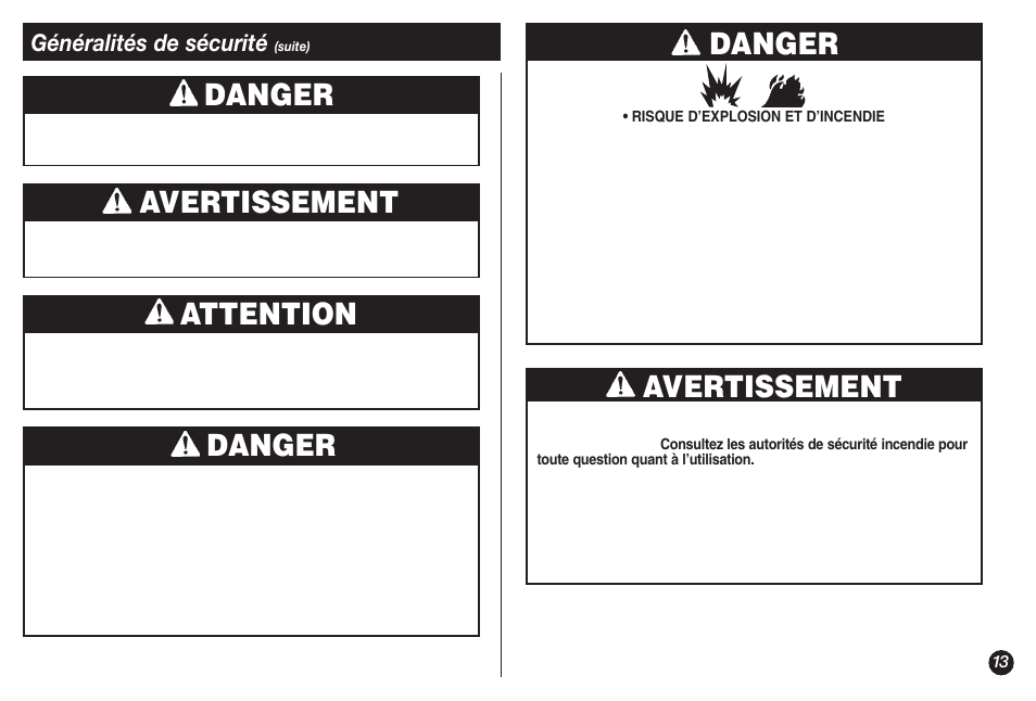 Avertissement, Danger, Attention | Coleman NorthStar 2500B User Manual | Page 13 / 32