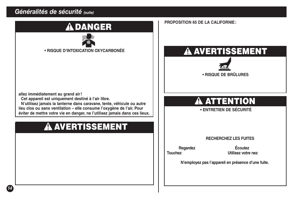 Avertissement, Attention avertissement, Danger | Généralités de sécurité | Coleman NorthStar 2500B User Manual | Page 14 / 32