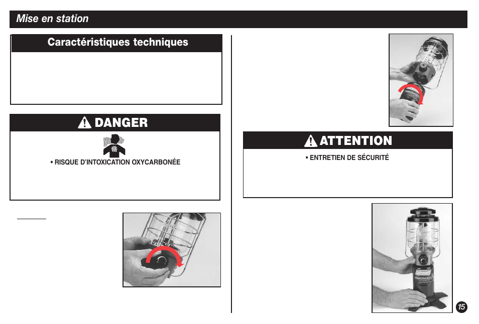Danger, Attention, Mise en station | Caractéristiques techniques | Coleman NorthStar 2500B User Manual | Page 15 / 32