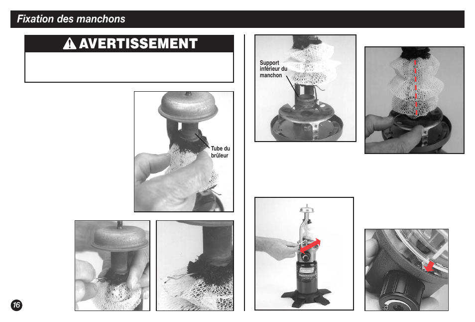 Avertissement, Fixation des manchons | Coleman NorthStar 2500B User Manual | Page 16 / 32