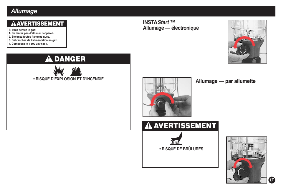 Danger, Avertissement, Allumage | Coleman NorthStar 2500B User Manual | Page 17 / 32